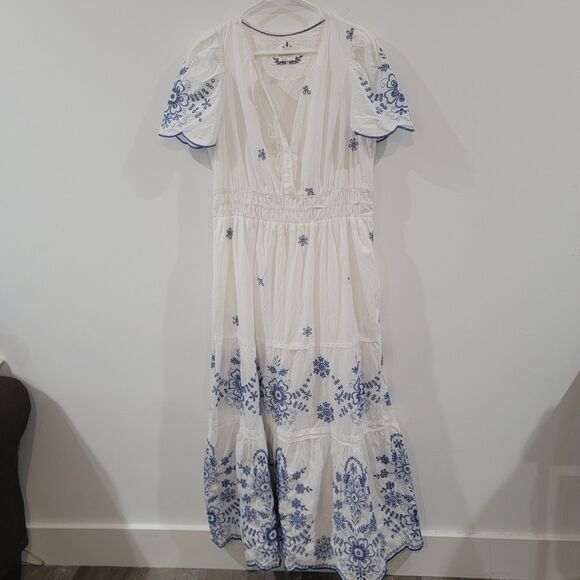 By Anthropologie Maxi Dress Size Large Embroidered Floral Cottage Milkmaid - Picture 1 of 9